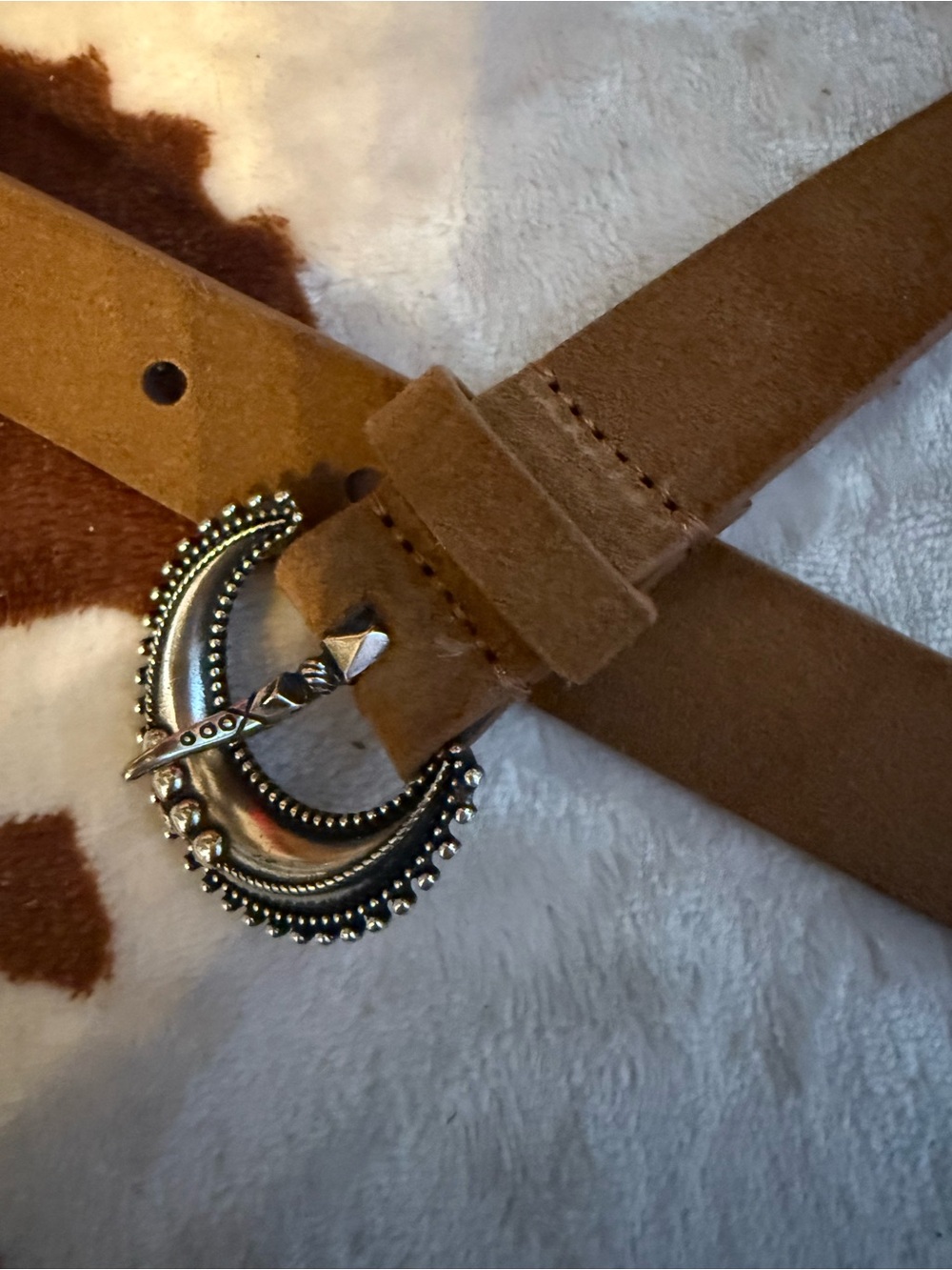 Veronica Beard tan suede belt with decorative silver-tone buckle